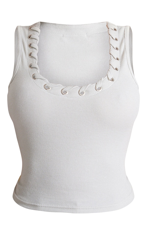 PLT Shape rib eyelet detail longline Top-2445-Grey