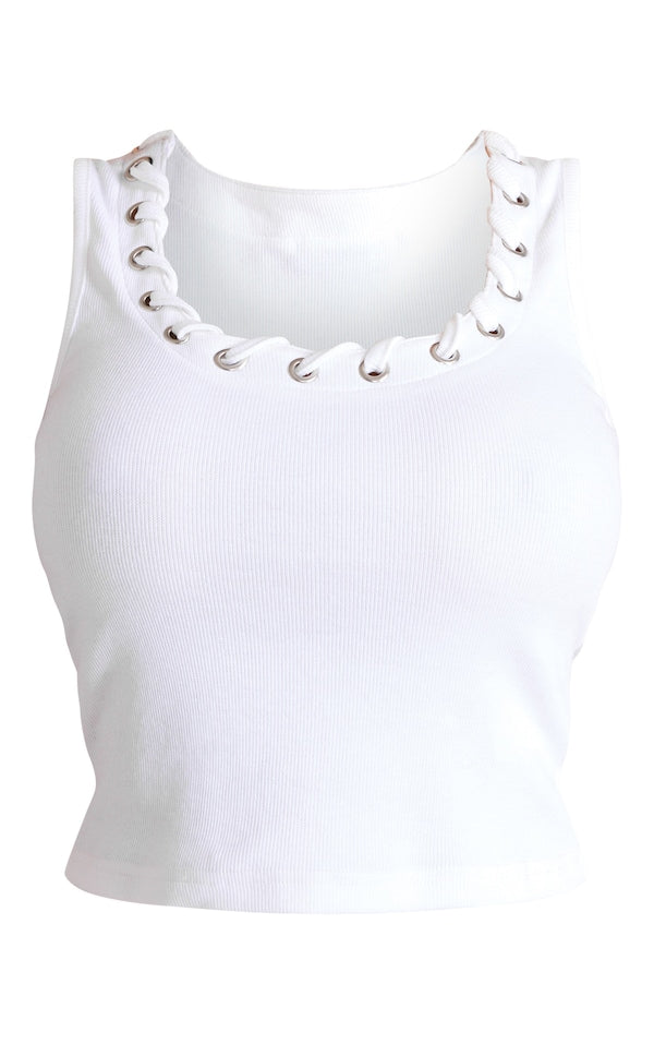 PLT Shape rib eyelet detail longline Top-2445-White