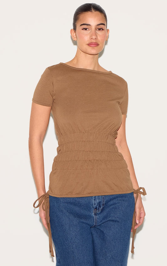 2643-Shirred Cap Sleeve T-Shirt For Women