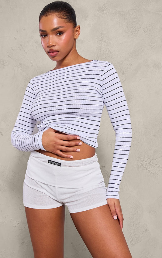 Strip rib scoop neck top long sleeve-2431-PLT White
