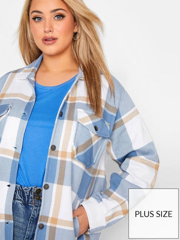 Sky White Checked Shacket For Women-2481