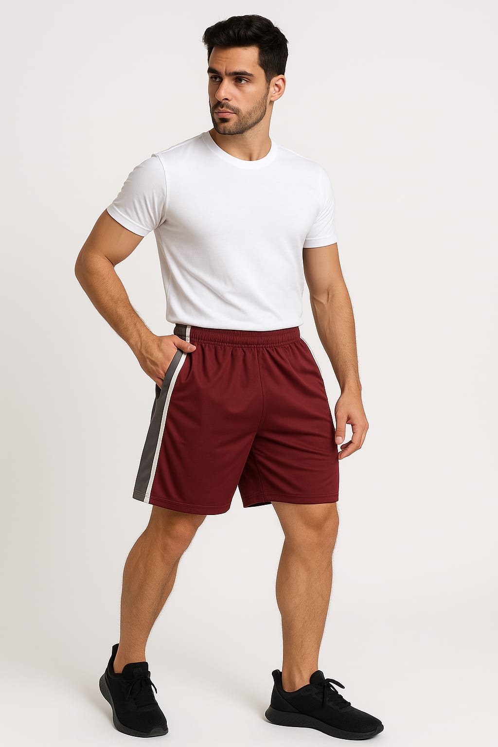 Falcon Men's Shorts With Different Panel & Embroidered Logos-2379-Burgundy