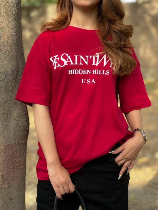 Ladies One Size Saint West printed Tee-LTST-2064-Red