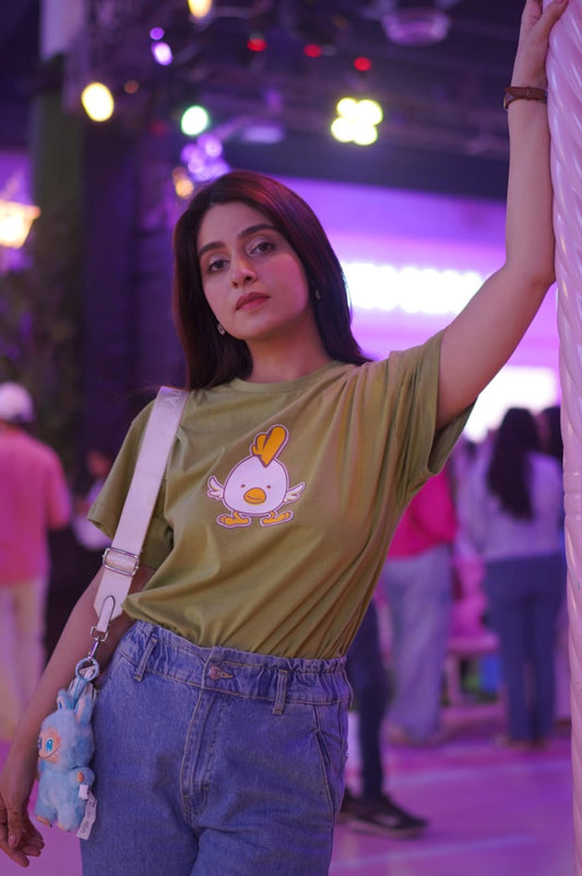 Angry Bird Printed T-shirt For Ladies-2245-Olive