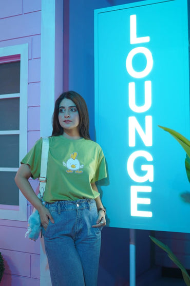 Angry Bird Printed T-shirt For Ladies-2245-Olive