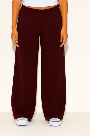2668-Ribbed Drawsting Wide Leg Trouser For Women-Plum