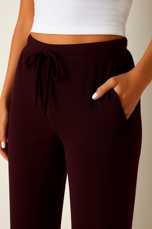2668-Ribbed Drawsting Wide Leg Trouser For Women-Plum