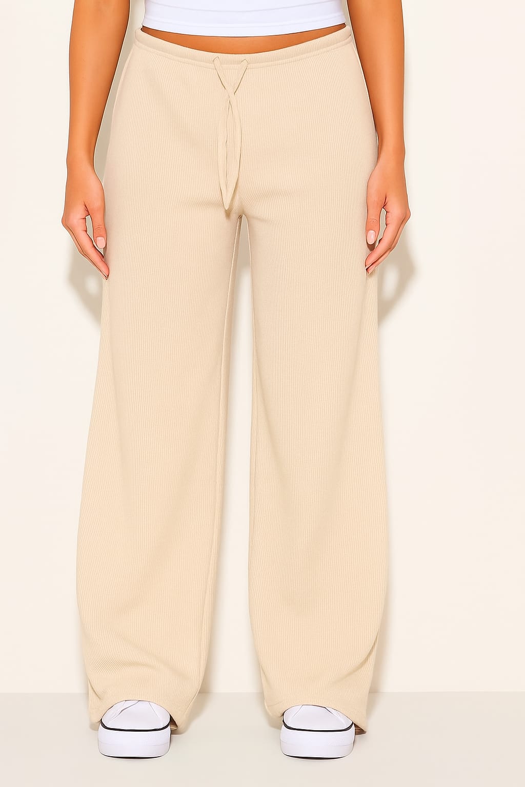 2668-Ribbed Drawsting Wide Leg Trouser For Women-Beige
