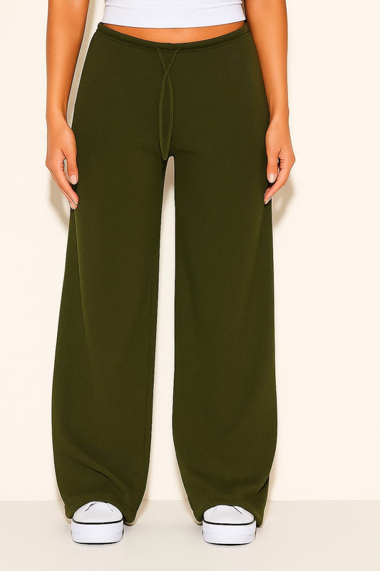 2668-Ribbed Drawsting Wide Leg Trouser For Women-Olive