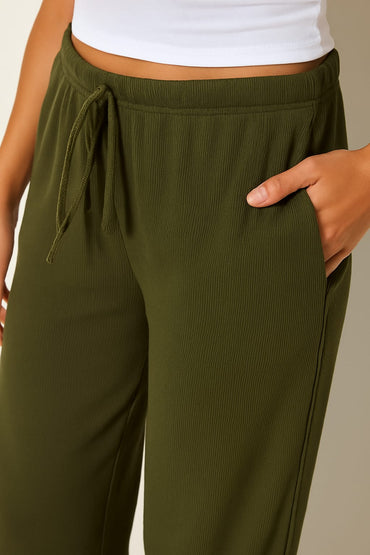 2668-Ribbed Drawsting Wide Leg Trouser For Women-Olive
