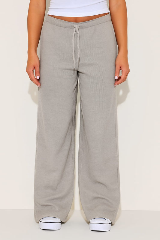 2668-Ribbed Drawsting Wide Leg Trouser For Women-Grey