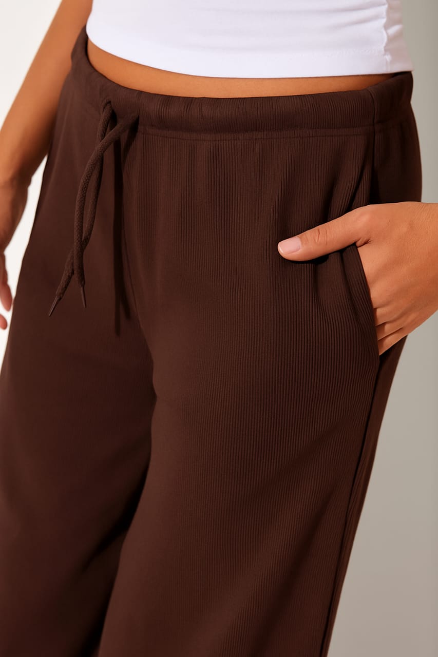 2668-Ribbed Drawsting Wide Leg Trouser For Women-Choclate Brown
