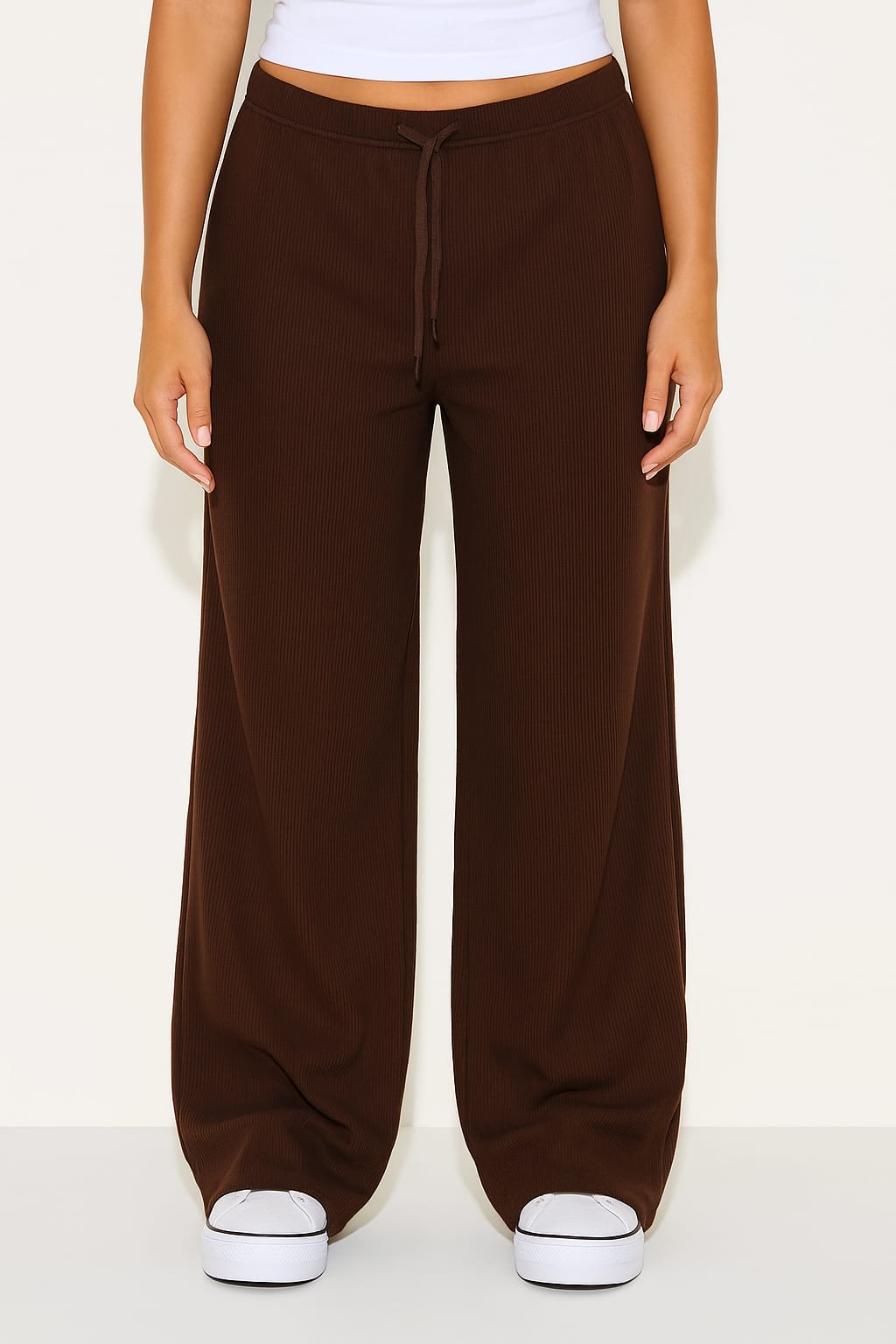 2668-Ribbed Drawsting Wide Leg Trouser For Women-Choclate Brown