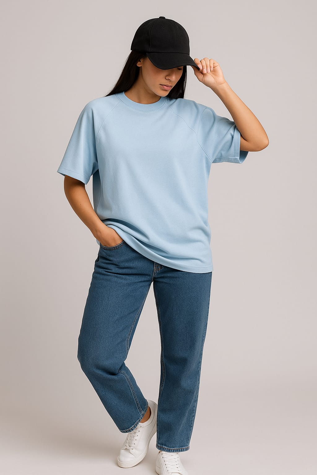 2700-  Raglan Sleeve  Oversize Plain T Shirt Women-Sky Blue