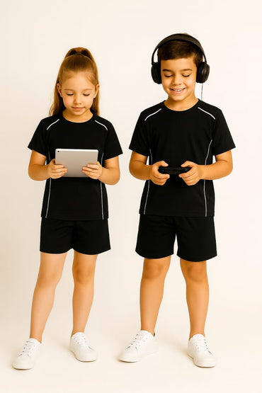 2714-Encore ZR-10 Activewear T-Shirt Kids Black Body With Diff Pipping-Black