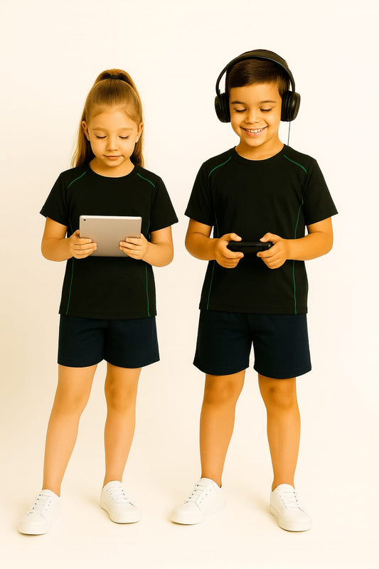 2714-Encore ZR-10 Activewear T-Shirt Kids Black Body With Diff Pipping-Black