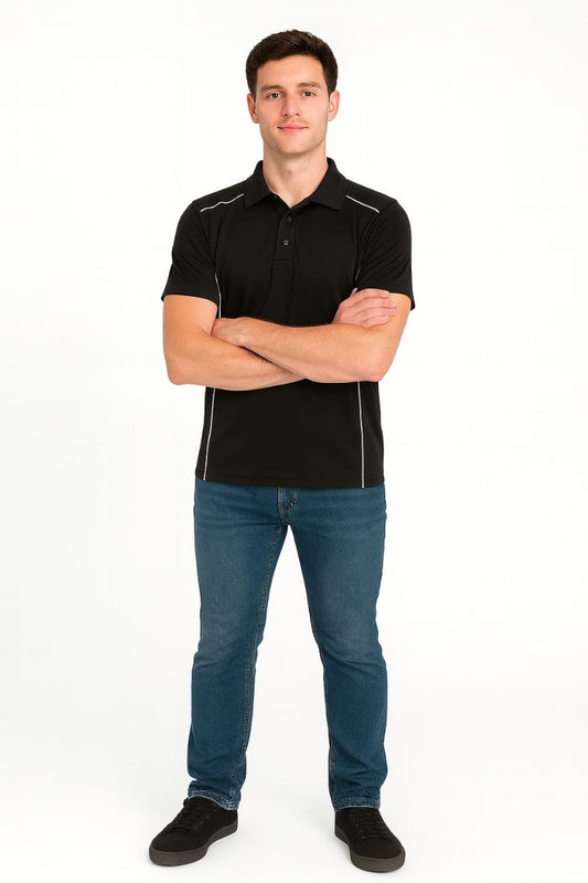 2716-Encore ZR-20 Activewear BOYS Polo Shirt- Black White Pipping