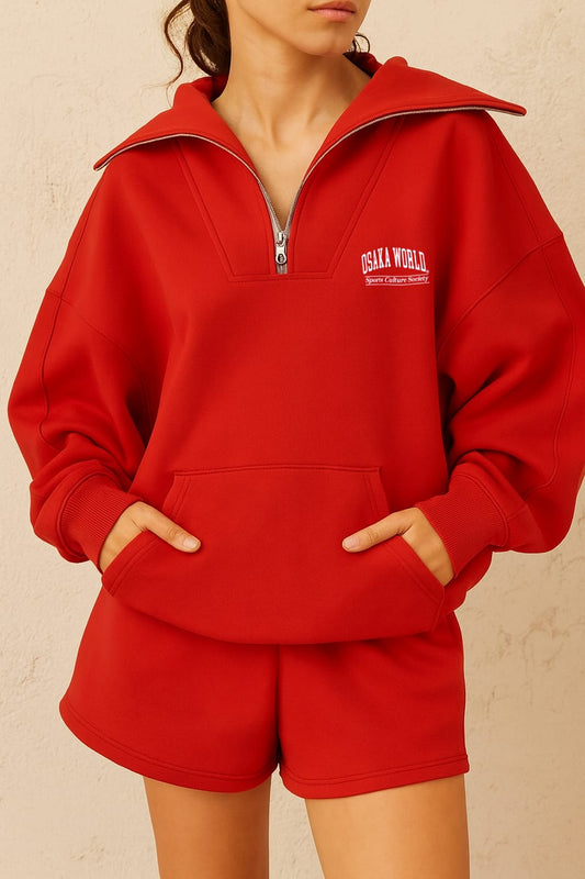 2310-OSK Half Zip Sweater Women-Red