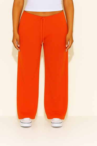 2668-Ribbed Drawsting Wide Leg Trouser For Women-Red