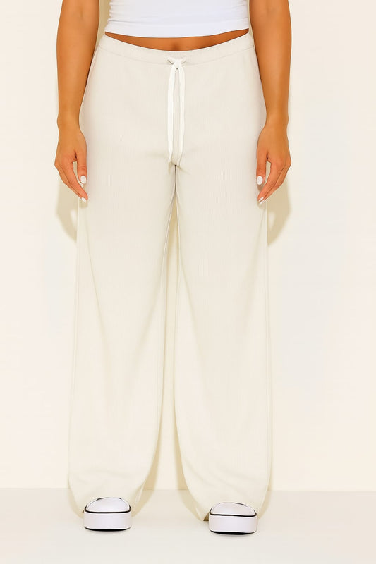2668-Ribbed Drawsting Wide Leg Trouser For Women-Off White
