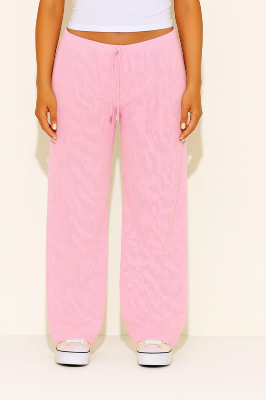 2668-Ribbed Drawsting Wide Leg Trouser For Women-Pink