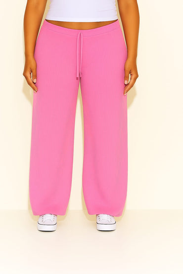 2668-Ribbed Drawsting Wide Leg Trouser For Women-Fuschia