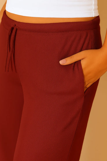 2668-Ribbed Drawsting Wide Leg Trouser For Women-Burgundy