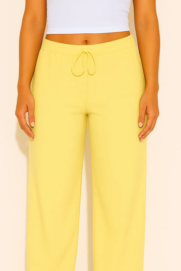 2668-Ribbed Drawsting Wide Leg Trouser For Women-Yellow