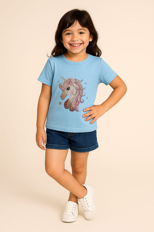 2746-JM Unicorn Printed T Shirt For Kids-Sky Blue