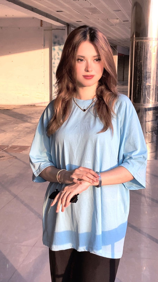 2700-  Raglan Sleeve  Oversize Plain T Shirt Women-Sky Blue
