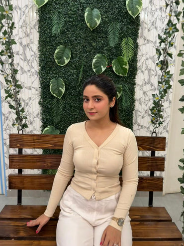 Ribbed Button Down V Neck Long Sleeve Top-PLT-2547-Cream