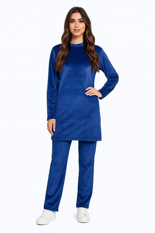 Velvet Crew Neck Tracksuite For Women-2354-Royal Blue