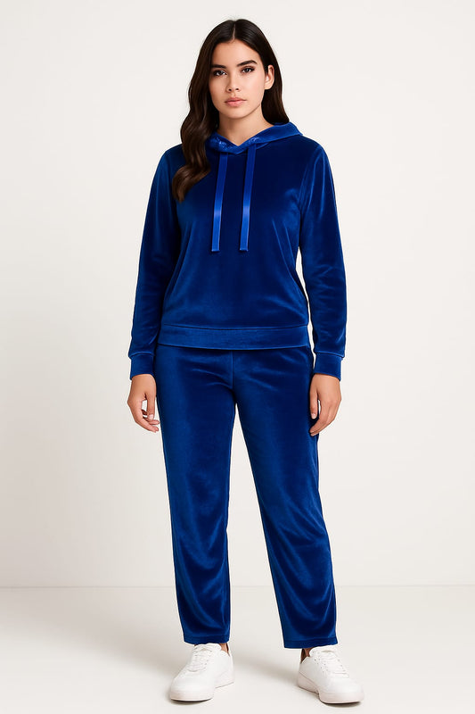 Velvet Pullover Hood Tracksuit For Women-2354-Royal Blue