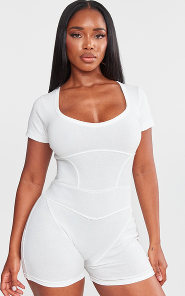 PLT Shape Bright seam detail Short Sleeve Unitard-2440-White
