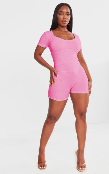 PLT Shape Bright seam detail Short Sleeve Unitard-2440-Pink