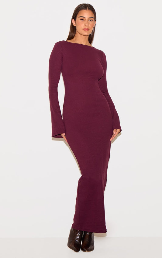 Ribbed Boat Neck Long Sleeve Maxi Dress-2633