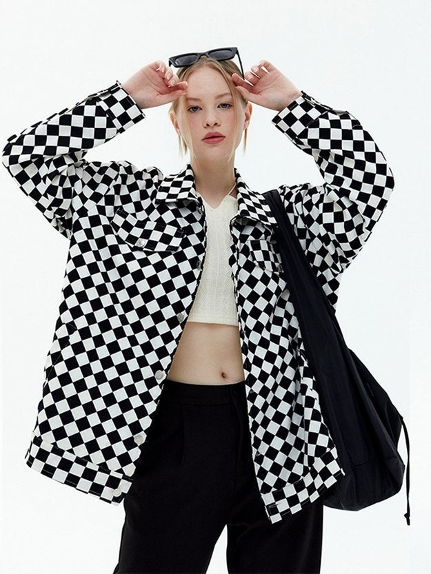 2791-Plt Women Oversized Chess Print Check Shacket-Black White