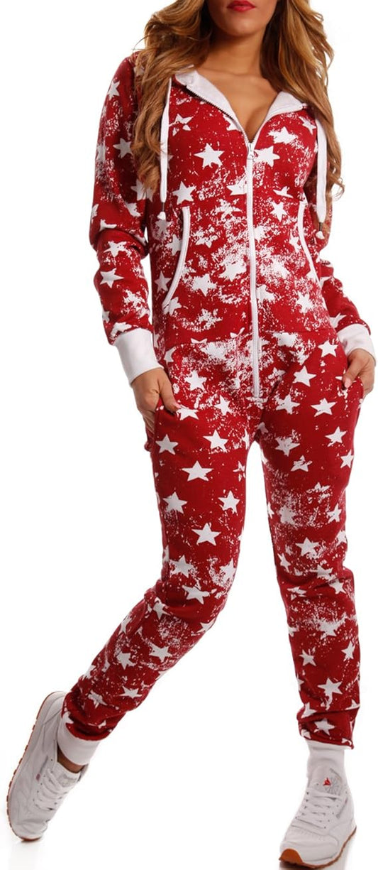 Crazyage Star Print Jumpsuit For Women-2285-Red