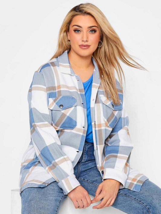 Sky White Checked Shacket For Women-2481