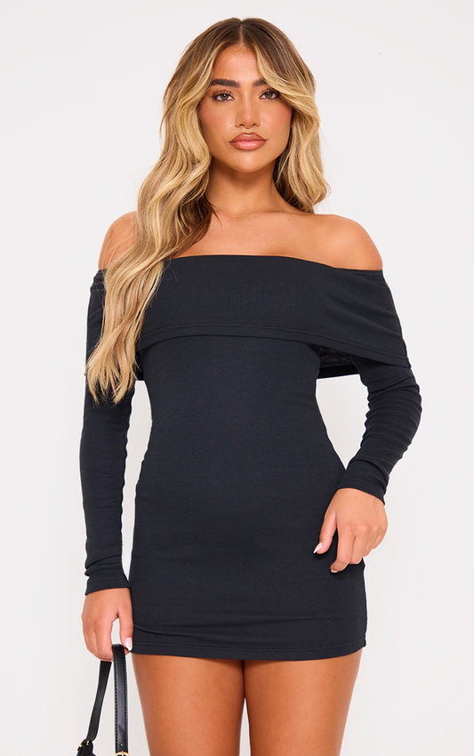 Ribbed Folder Bardoat Bodycon Dress-2638