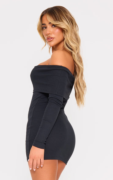 Ribbed Folder Bardoat Bodycon Dress-2638