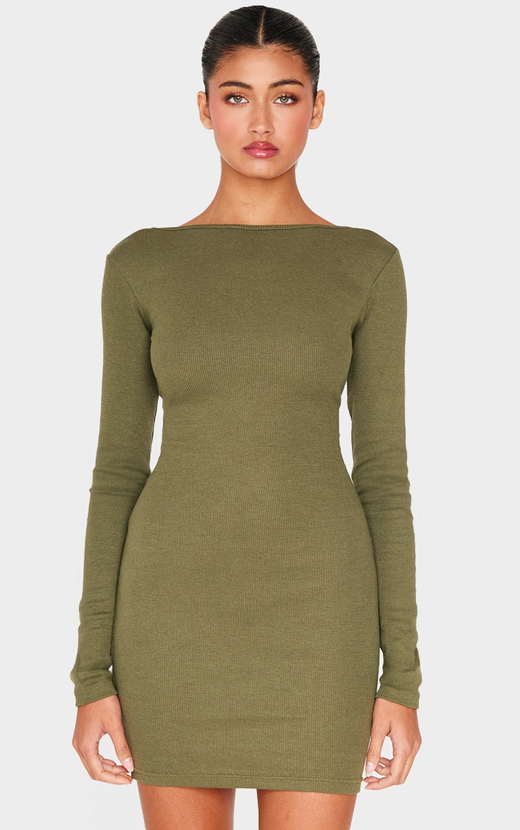 2647-Ribbed Low Back Long Sleeve Bodycon Dress