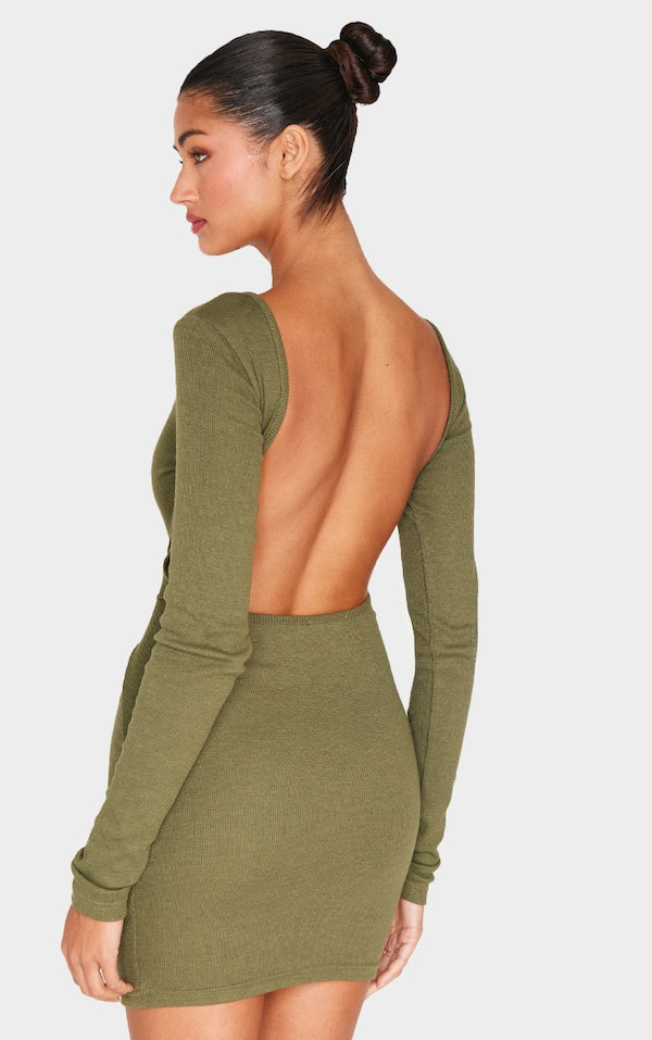 2647-Ribbed Low Back Long Sleeve Bodycon Dress