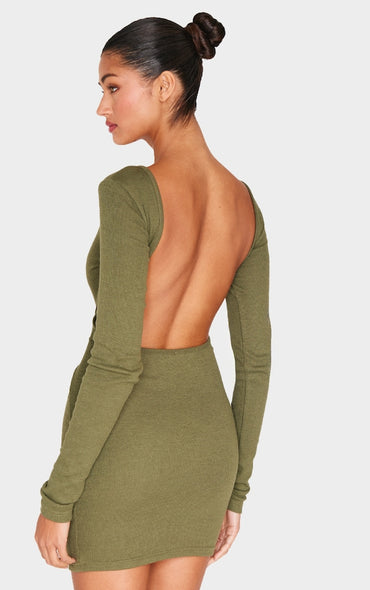 2647-Ribbed Low Back Long Sleeve Bodycon Dress