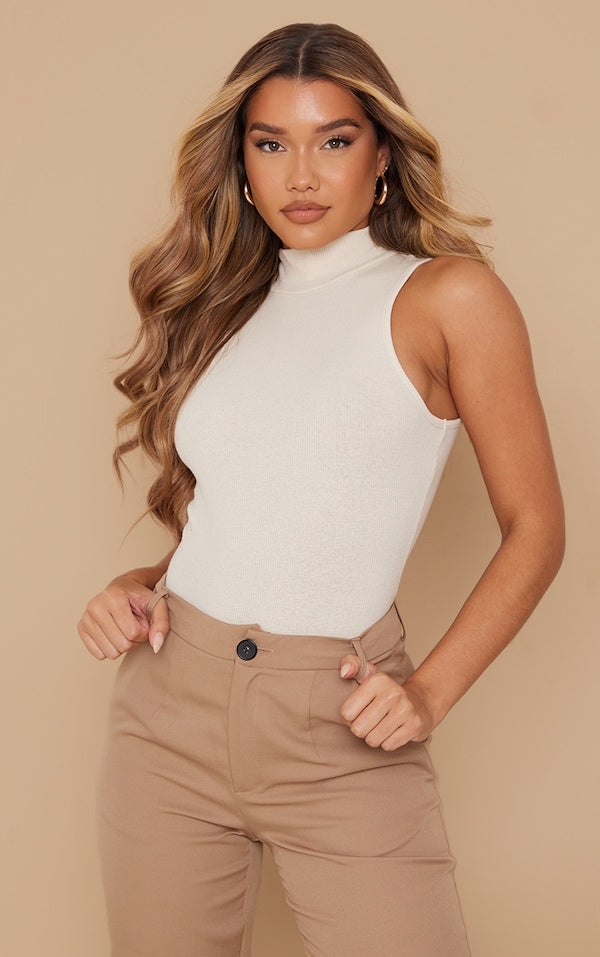 PLT Rib High Neck Sleeveless Bodysuit-2319-Stone
