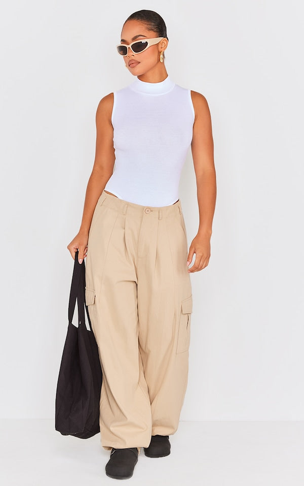 PLT Rib High Neck Sleeveless Bodysuit-2319-White