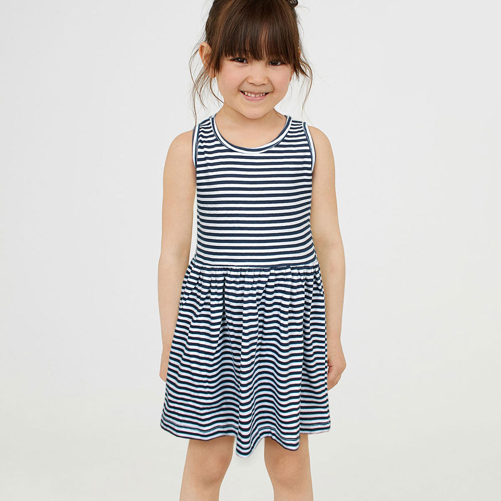 H&m Navy Striped Frock For Girls-KFRK-0154-White Navy - FactoryX.pk