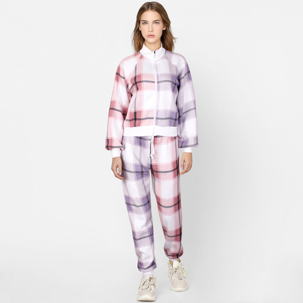 Women Check Coord Reglan Sleeve Tracksuit-Ladies-2028-Lilac Pink - FactoryX.pk