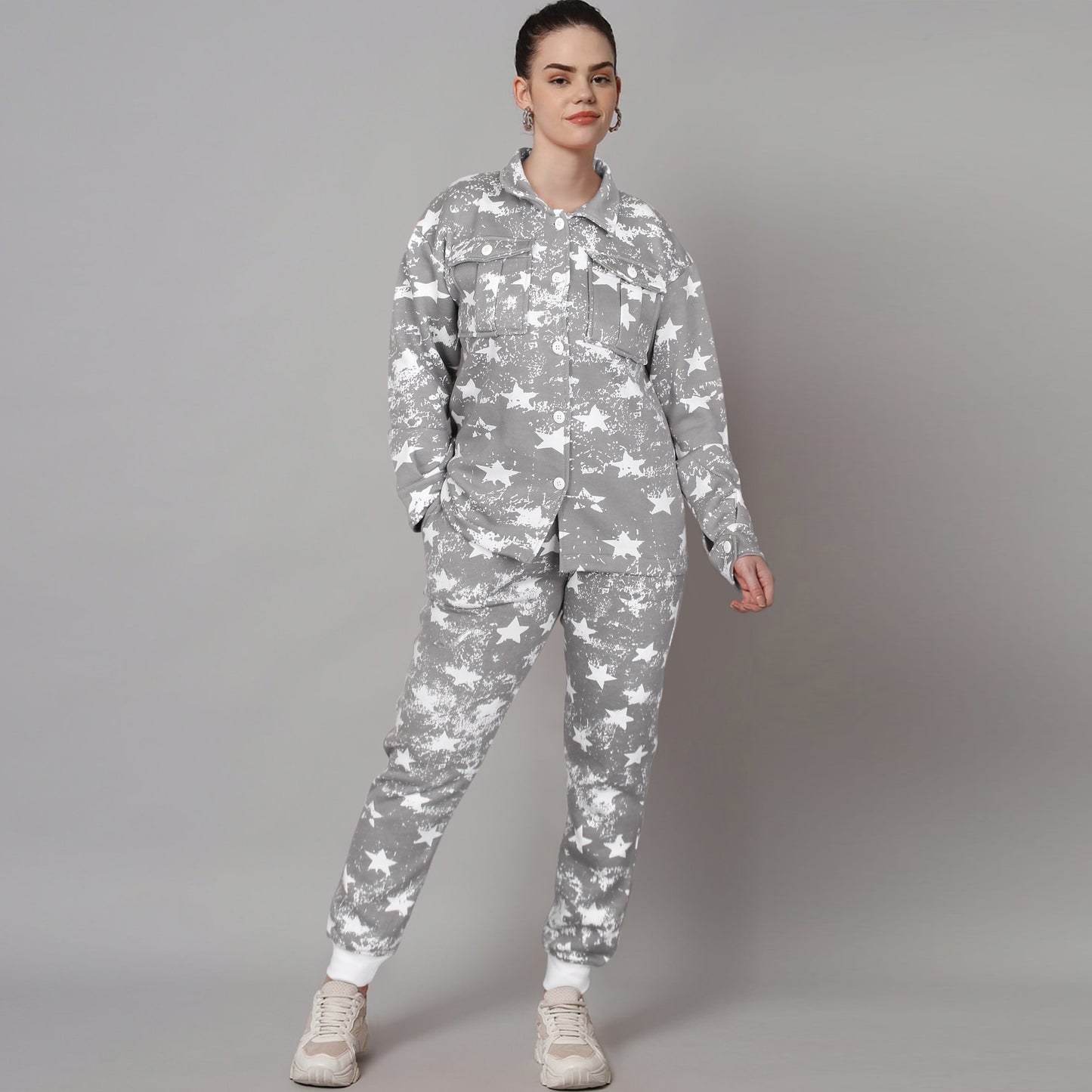 Utility Pocket Star print tracksuit-Ladies-2032-Grey - FactoryX.pk