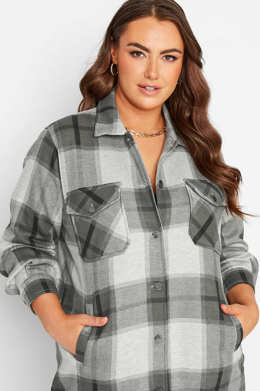 Dark Grey Long oversized check shacket for Her-2016 - FactoryX.pk